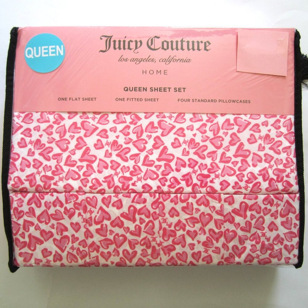 Juicy Couture Queen Sheet Set JC Red Pink Hearts - Picture 1 of 5